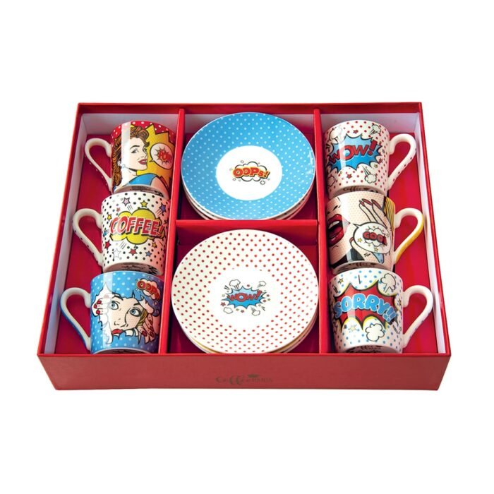 COFFRET 6 TASSES A CAFE EN PORCELAINE POP ART EASY LIFE R0126-POPT