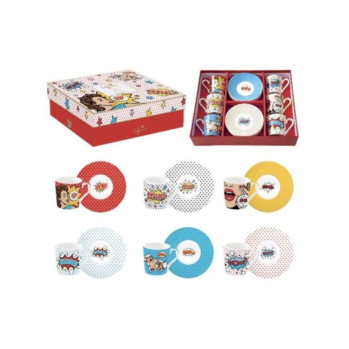 COFFRET 6 TASSES A CAFE EN PORCELAINE POP ART EASY LIFE R0126-POPT